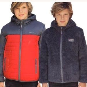 Eddie Bauer down jacket in red and blue size Large